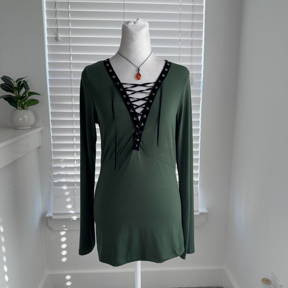 Topia Green Lace-Up V-Neck Top 🌿 | Goth & Alternative Core
